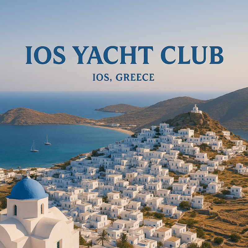 IOS Yacht Club in IOS, Greece with white buildings and blue domes.
